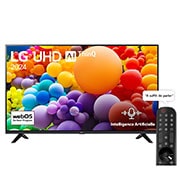 Vue de face du téléviseur LG UHD, UT73 avec le texte LG UHD AI ThinQ, 2024, et le logo webOS Re:New Program à l'écran