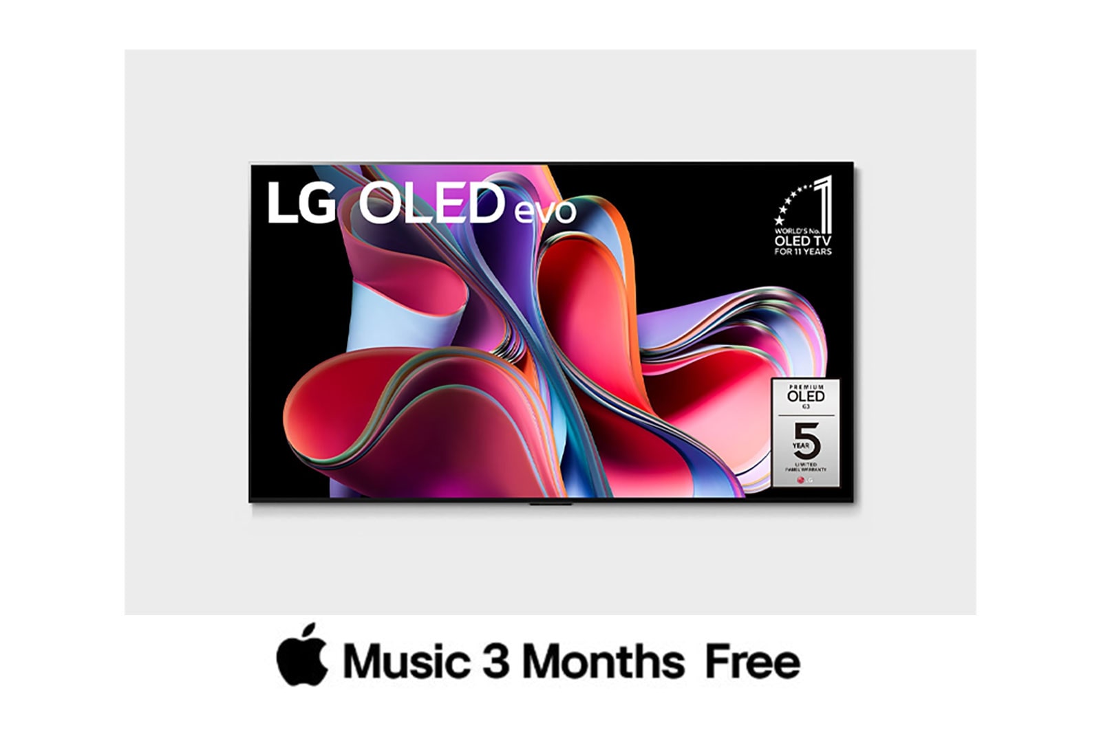 Vue de face avec le logo « LG OLED, le téléviseur numéro 1 mondial depuis 10 ans » et le logo « Garantie du panneau : 5 ans » sur l’écran