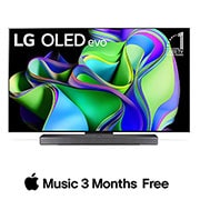 Vue avant du LG OLED evo avec l’emblème « 10 Years World No.1 OLED » à l’écran, et de la barre de son située en dessous. 