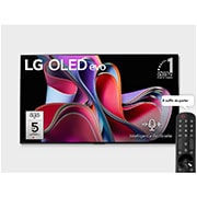 Vue de face avec le logo « LG OLED, le téléviseur numéro 1 mondial depuis 10 ans » et le logo « Garantie du panneau : 5 ans » sur l’écran