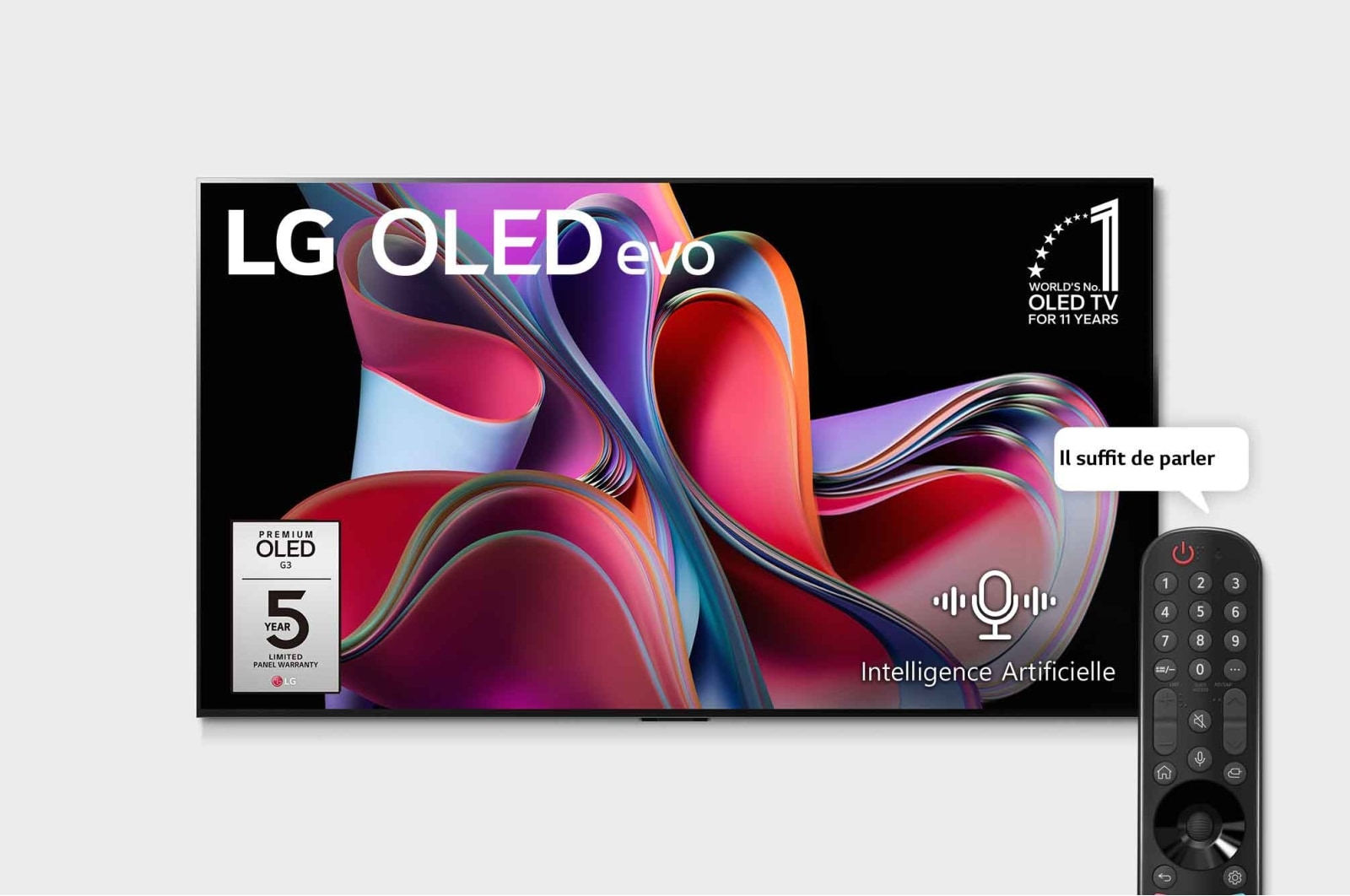 Vue de face avec le logo « LG OLED, le téléviseur numéro 1 mondial depuis 10 ans » et le logo « Garantie du panneau : 5 ans » sur l’écran