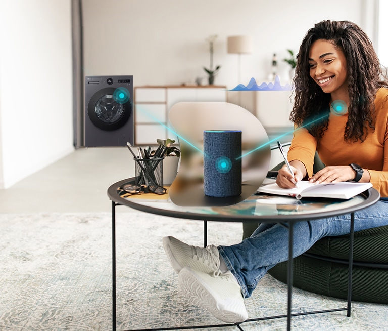 The woman is sitting on the sofa and the middle icon shows the voice recognition speaker. There is a washing machine in the background The washing machine, the speaker, and the woman are shown by lines