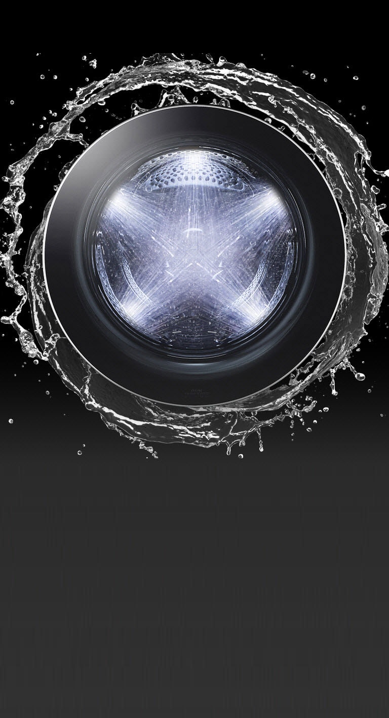 Porte de lave-linge LG entourée de jets d'eau éclatants sur fond noir.