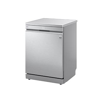 Vue avant inclinée du lave-vaisselle LG fermé avec finition en acier inoxydable