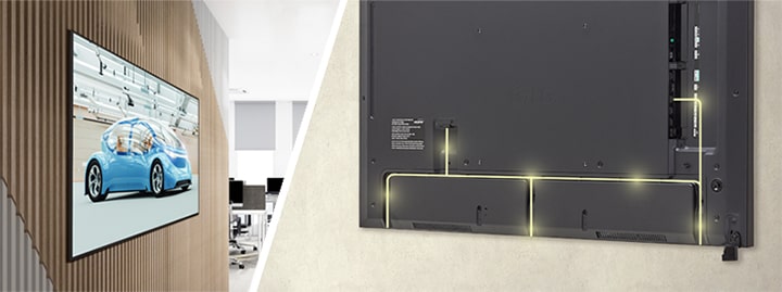 L’écran UH7N-E, avec ses bords fins, est monté près du mur et présente un design arrière optimisé pour économiser de l’espace avec un système simplifié de gestion des câbles.