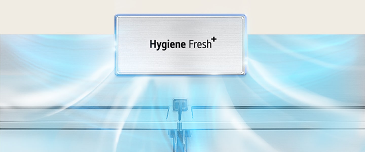 La technologie Hygiene Fresh+ est mise en valeur avec une flèche grise, signifiant une odeur infecte, est aspirée dans le système Hygiene Fresh+ et de l’air frais pur en ressort.