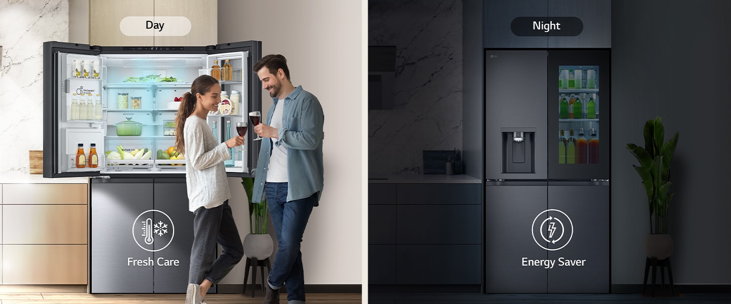 L’image à gauche montre un couple qui tient des verres en journée devant un réfrigérateur ouvert. Seul un côté du réfrigérateur est ouvert et de l’air froid bleu s’échappe du réfrigérateur. L’icône du thermomètre, qui indique l’air froid, se trouve sous l’image. L’image à droite montre le réfrigérateur dans la cuisine par une nuit noire. Sous l’image se trouve un symbole électrique qui indique l’économie d’énergie.