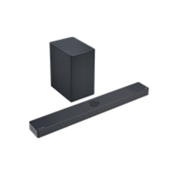 Vue latérale à 45 degrés de la Sound Bar et du baffle
