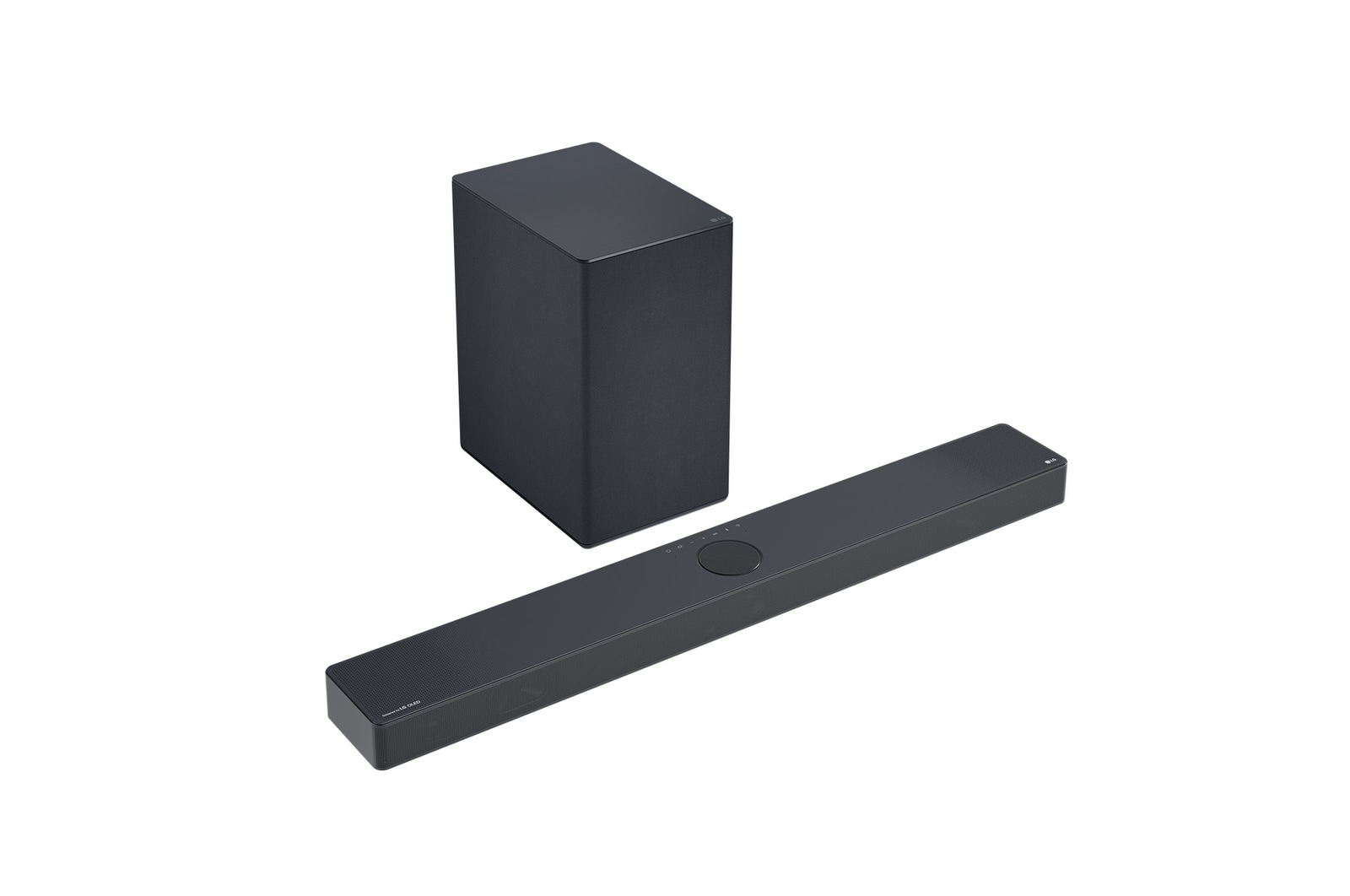 Vue latérale à 45 degrés de la Sound Bar et du baffle