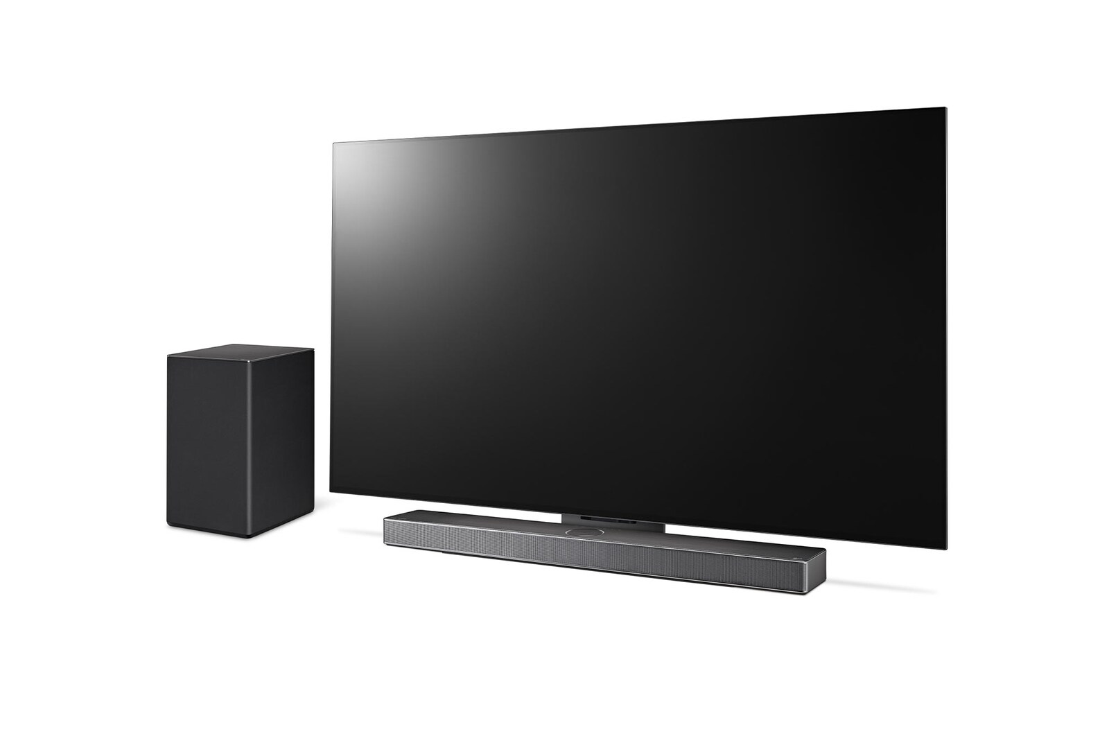 Vue inclinée à 45 degrés de la Sound Bar, du LG TV et du caisson de graves