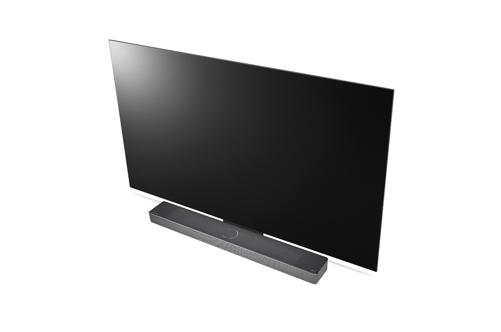 Vue de dessus à 45 degrés du LG TV et de la Sound Bar