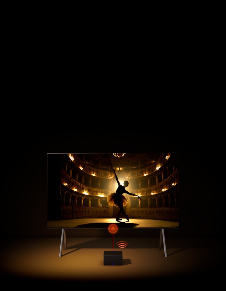 Una vista aérea de un televisor LG OLED sobre un soporte de suelo y la Zero Connect Box. Un logotipo de conectividad rojo y una señal aparecen encima de la caja, conectándolo al televisor. La televisión se enciende, una vista cambia a una vista frontal y muestra a una bailarina bailando sola en el escenario.