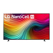 Front view of LG NanoCell TV, NANO80 with text of LG NanoCell, 2024, and webOS Re:New Program logo on screen