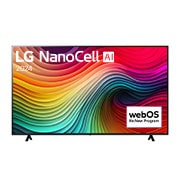 Front view of LG NanoCell TV, NANO80 with text of LG NanoCell, 2024, and webOS Re:New Program logo on screen