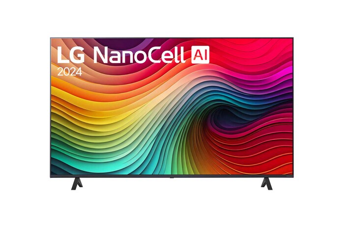 Front view of LG NanoCell TV, NANO80 with text of LG NanoCell, 2024, and webOS Re:New Program logo on screen