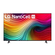 Front view of LG NanoCell TV, NANO80 with text of LG NanoCell, 2024, and webOS Re:New Program logo on screen
