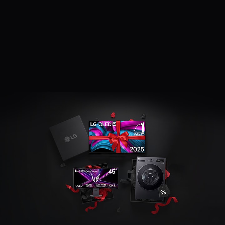 Caja de regalo de LG exhibida junto a electrodomésticos sobre un fondo oscuro.