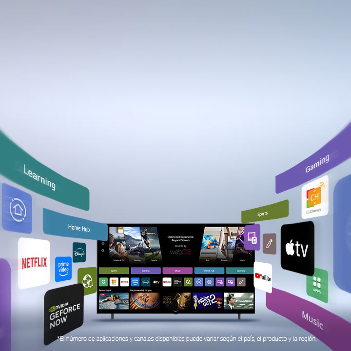LG Smart TV mostrando la pantalla de inicio de webOS con aplicaciones de entretenimiento y elementos de interfaz de usuario de LG Channels que se extienden dinámicamente hacia fuera, destacando aplicaciones y canales globales.