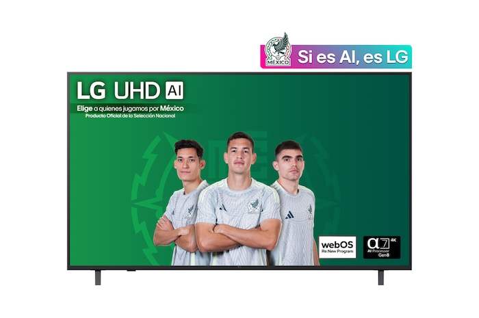 Front view of UHD UA75 TV, LG UHD Al Logo on the top corner. LG UHD TV depicts colorful paintike textures coming together.