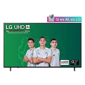 Front view of UHD UA75 TV, LG UHD Al Logo on the top corner. LG UHD TV depicts colorful paintike textures coming together.