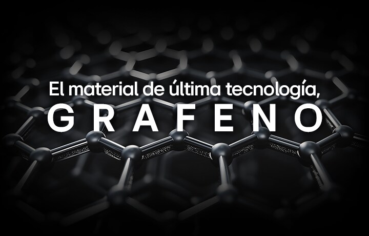 Hay una imagen muestra un patrón hexagonal. Delante de la imagen escrita la frase "El material definitivo, el GRAFENO".