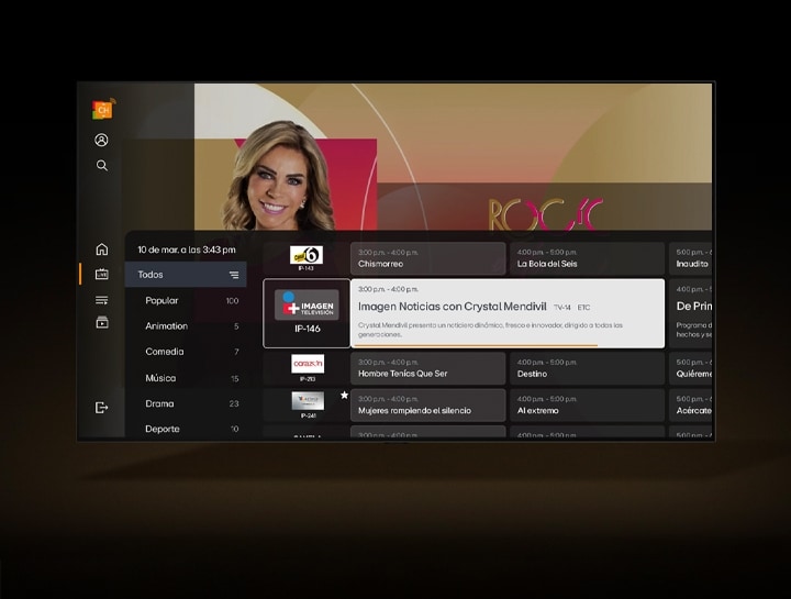 Un televisor LG tiene una superposición de la programación de televisión que se muestra sobre el programa de televisión que se está reproduciendo actualmente.