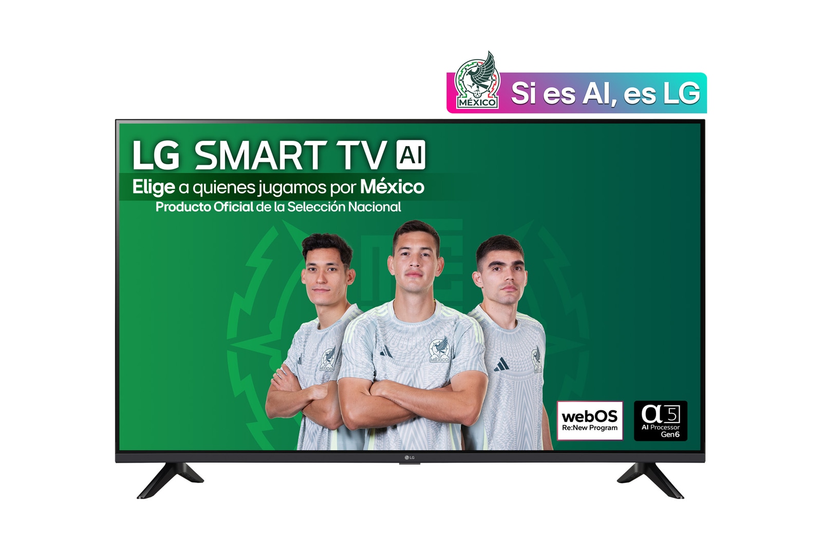Front view of LG HD TV, LR60 with text of LG SMART TV AI and 2024 on screen with 2-pole stand