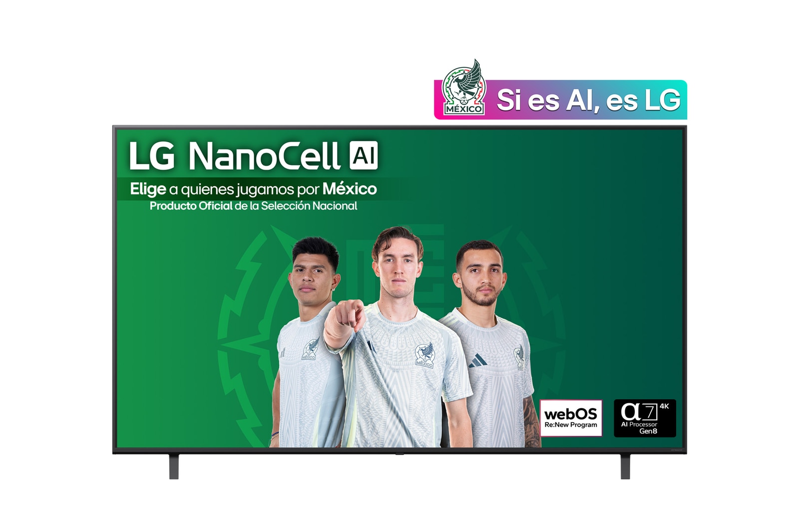 Vista de frente de la NanoCell TV, logotipo de LG NanoCell Al en la esquina superior. La LG NanoCell NANO80 TV muestra coloridas texturas como la pintura que se combinan.