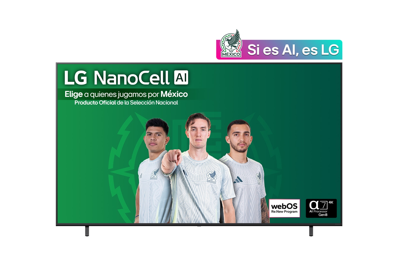 Vista de frente de la NanoCell TV, logotipo de LG NanoCell Al en la esquina superior. La LG NanoCell NANO80 TV muestra coloridas texturas como la pintura que se combinan.
