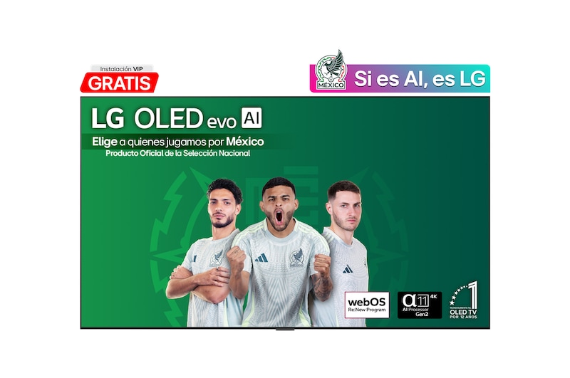 Front view of LG OLED evo AI G5 4K Smart TV. 12 Years of world number 1 OLED emblem and LG OLED evo AI 2025 logo are on the screen.