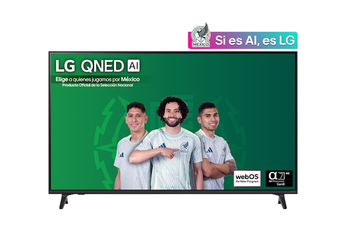 Front view of LG QNED70 TV, LG QNED Al Logo on the top corner. LG QNED TV depicts colorful paintike textures coming together.