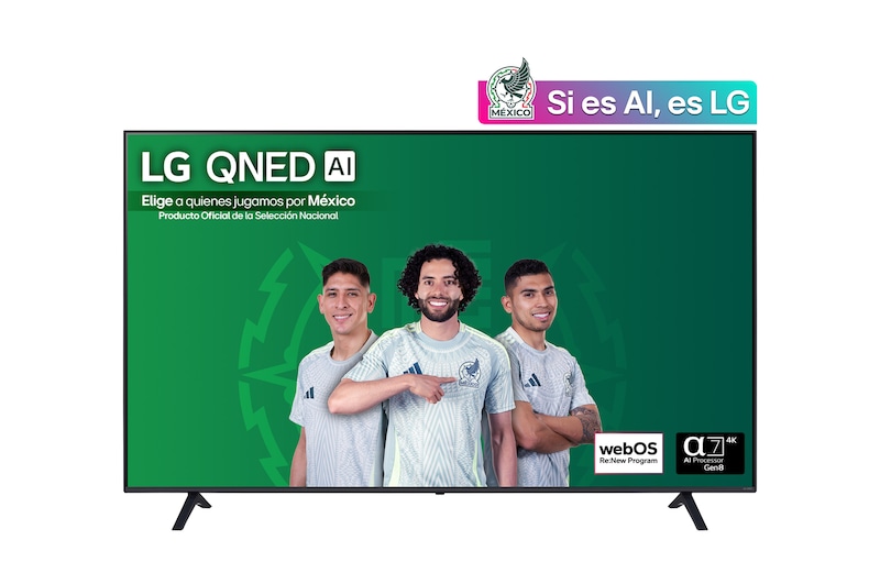 Front view of LG QNED70 TV, LG QNED Al Logo on the top corner. LG QNED TV depicts colorful paintike textures coming together.
