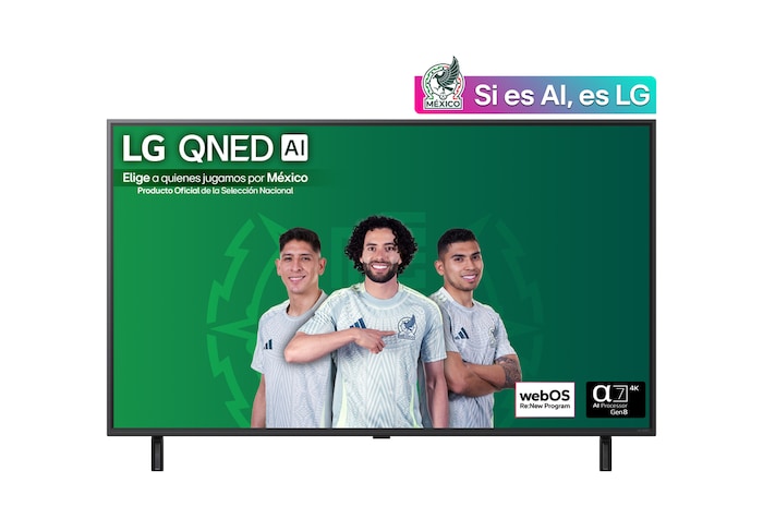Vista de frente de la LG QNED80 TV, logotipo de LG QNED Al en la esquina superior. En la LG QNED TV se muestran coloridas texturas como de pinturas que se combinan.