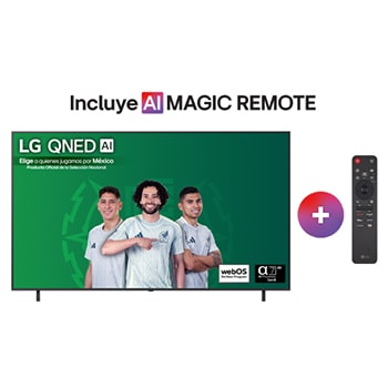 Vista de frente de la LG QNED80 TV, logotipo de LG QNED Al en la esquina superior. En la LG QNED TV se muestran coloridas texturas como de pinturas que se combinan.