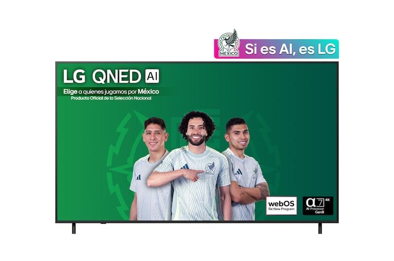 Front view of LG QNED82 TV, LG QNED Al Logo on the top corner. LG QNED TV depicts colorful paintike textures coming together.