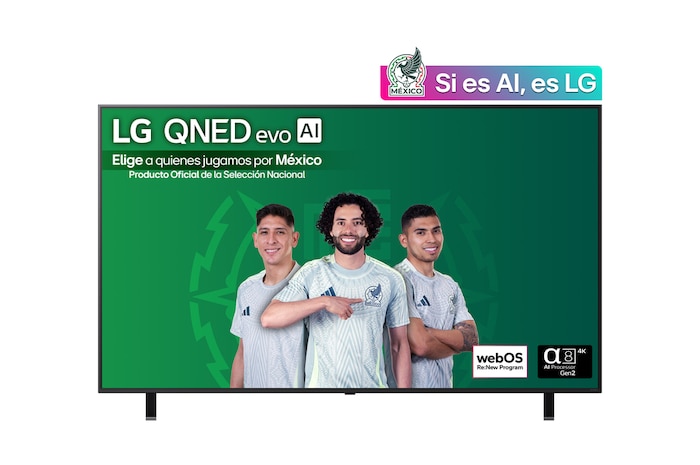 Vista de frente del TV LG QNED evo QNED85, logo de LG QNED evo Al en la esquina superior. El TV LG QNED evo QNED85 muestra texturas coloridas como una pintura que se combinan.