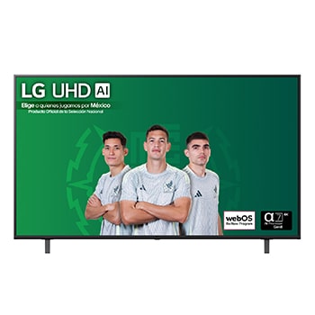 Front view of UHD UA75 TV, LG UHD Al Logo on the top corner. LG UHD TV depicts colorful paintike textures coming together.