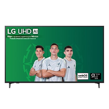 Vista de frente de la UHD UA75 TV, logotipo de LG UHD Al en la esquina superior. En la LG UHD TV se muestran coloridas texturas como de pinturas que se combinan.