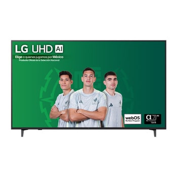 Front view of UHD UA75 TV, LG UHD Al Logo on the top corner. LG UHD TV depicts colorful paintike textures coming together.