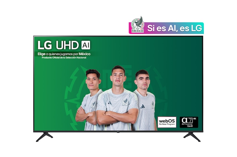 Front view of UHD UA75 TV, LG UHD Al Logo on the top corner. LG UHD TV depicts colorful paintike textures coming together.