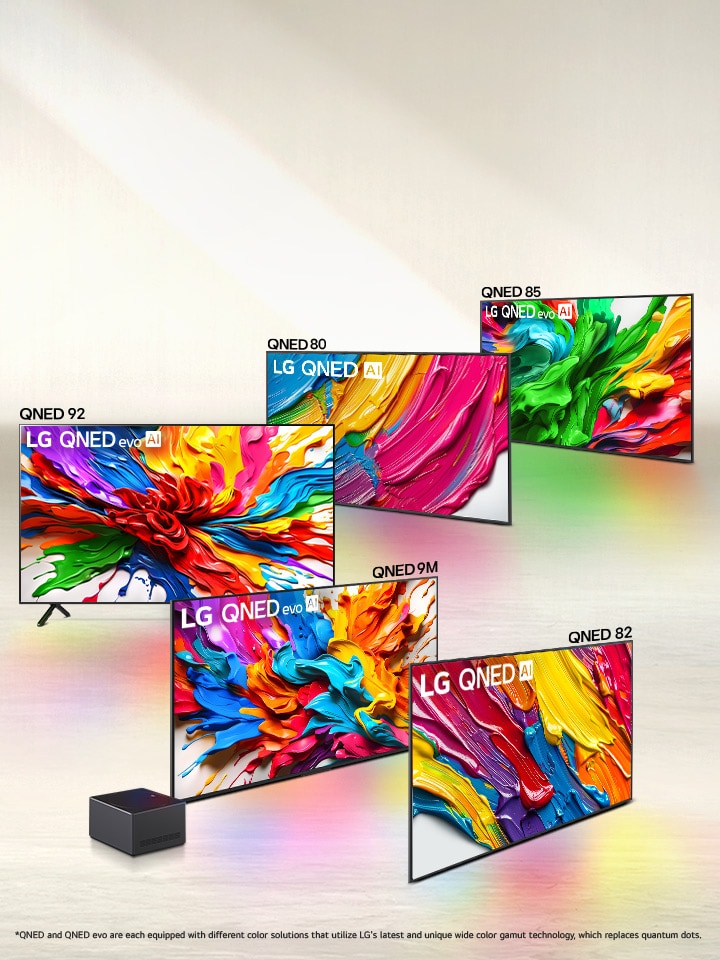 Gama de cinco televisiones LG QNED evo AI en formación, televisiones QNED80, QNED85, QNED92, QNED9M con Caja de conexión cero, QNED82.