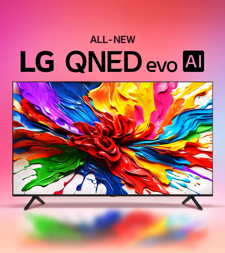 LG QNED TV sobre un fondo colorido degradado. En la pantalla se muestra una imagen perfectamente saturada de diferentes salpicaduras de pinturas que destacan las capacidades de color de la TV. También se muestra el logotipo LG QNED evo AI completamente nuevo.