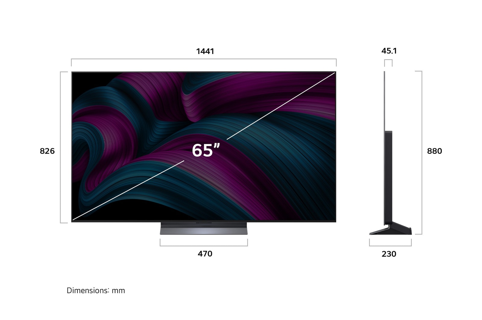 Vista de frente y lateral de la Smart TV LG OLED AI C5E 4K en la que se ven sus dimensiones de longitud, ancho, altura y profundidad.