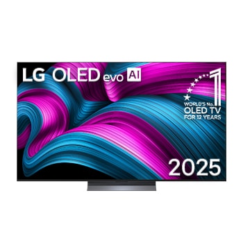 Vista de frente de la Smart TV LG OLED AI C5E 4K. El emblema de OLED de ser el n.º 1 del mundo durante 12 años y el logotipo de LG OLED AI 2025 aparecen en la pantalla.