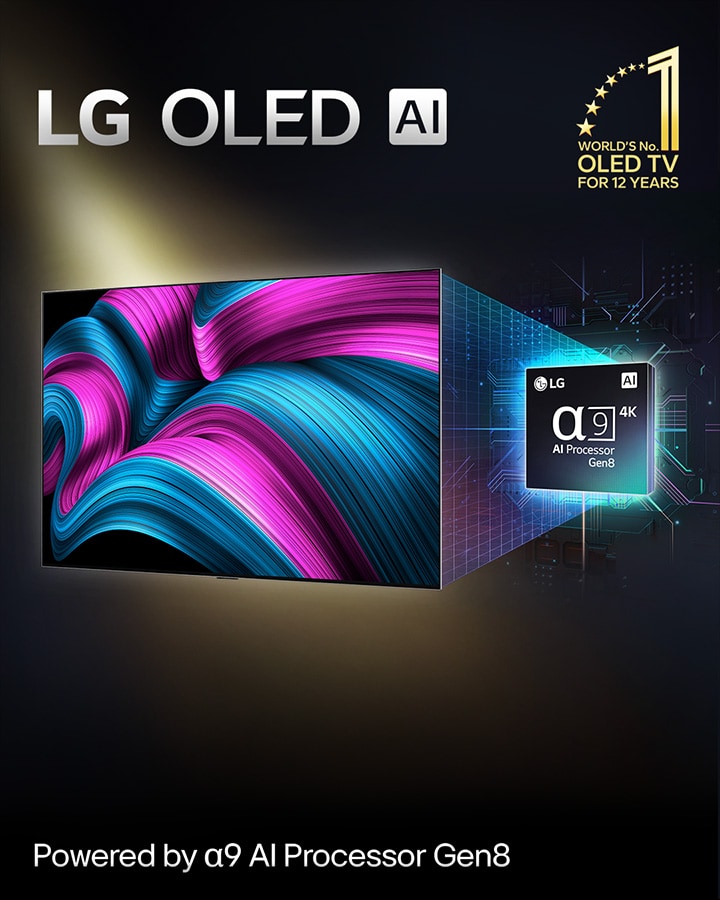 En la pantalla de una TV LG OLED AI aparece una imagen abstracta con detalles, colores y un contraste impactantes. Detrás de la TV, se muestra una versión ampliada del procesador alpha 9 AI Gen8. Brilla con una luz que ilumina los circuitos de microchips a su alrededor. El título dice LG OLED AI. También puede verse el texto: Con la tecnología del procesador LG alpha 9 AI Gen8. En la esquina aparece un logotipo dorado con estrellas que dice: OLED TV número uno del mundo durante 12 años. 