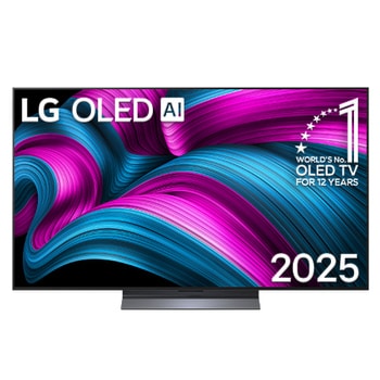 Vista de frente de la Smart TV LG OLED AI C5E 4K. El emblema de OLED de ser el n.º 1 del mundo durante 12 años y el logotipo de LG OLED AI 2025 aparecen en la pantalla.