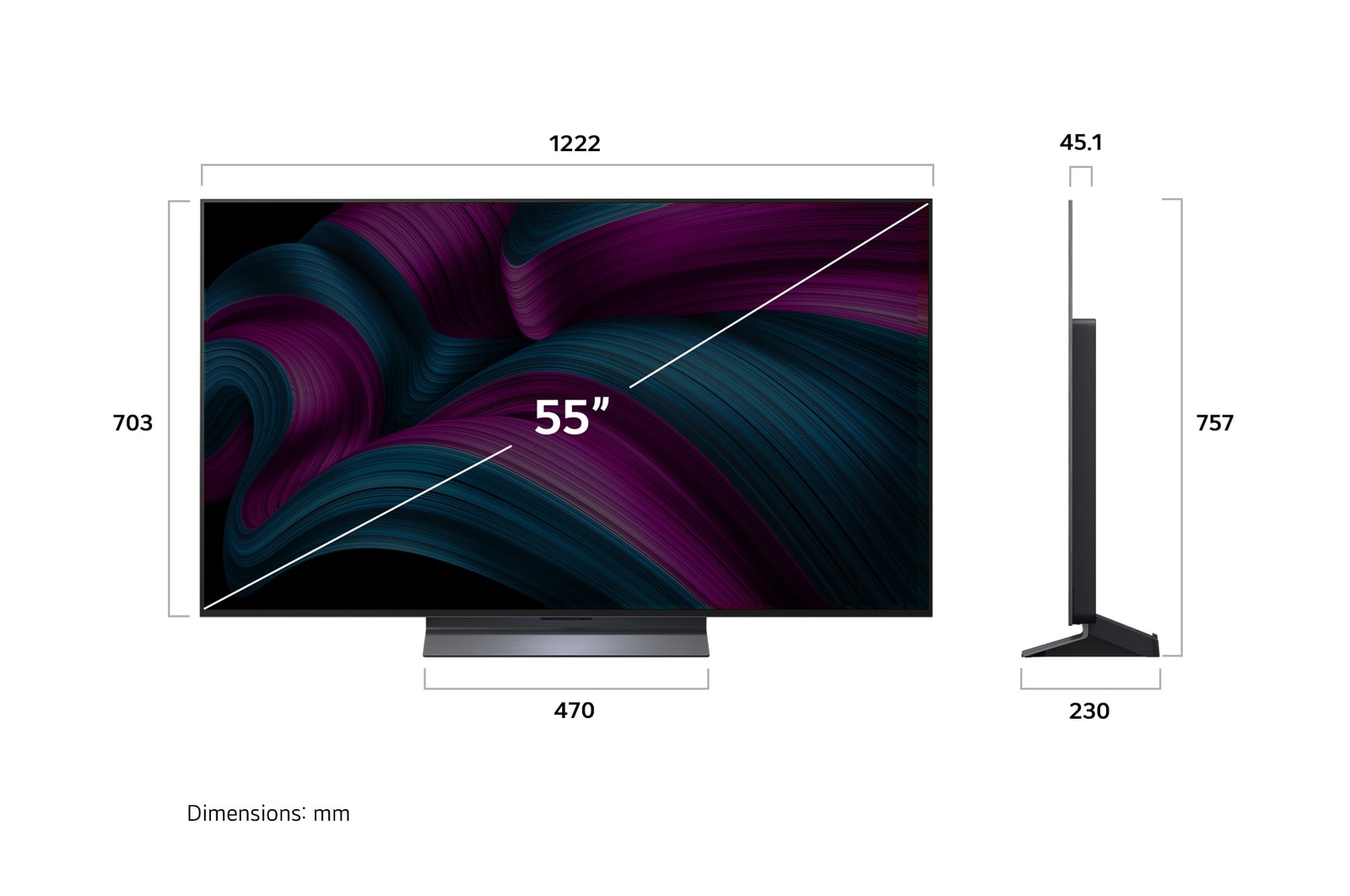 Vista de frente y lateral de la Smart TV LG OLED AI C5E 4K en la que se ven sus dimensiones de longitud, ancho, altura y profundidad.