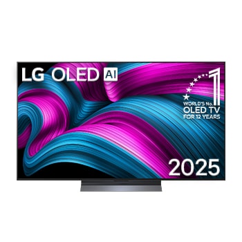 Vista de frente de la Smart TV LG OLED AI C5E 4K. El emblema de OLED de ser el n.º 1 del mundo durante 12 años y el logotipo de LG OLED AI 2025 aparecen en la pantalla.
