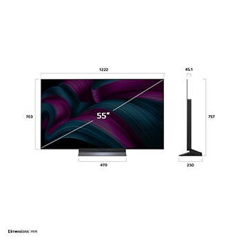 Vista de frente y lateral de la Smart TV LG OLED AI C5E 4K en la que se ven sus dimensiones de longitud, ancho, altura y profundidad.