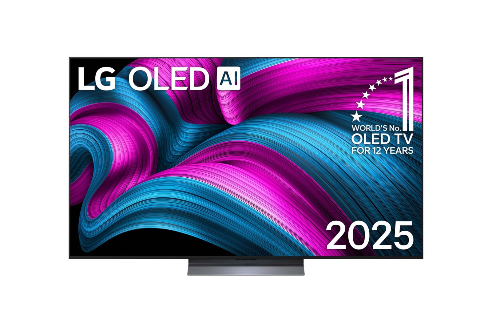 Vista de frente de la Smart TV LG OLED AI C5E 4K. El emblema de OLED de ser el n.º 1 del mundo durante 12 años y el logotipo de LG OLED AI 2025 aparecen en la pantalla.